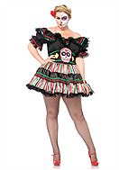 Day of the Dead (woman), costume dress, lace trim, ruffles, off shoulder, sugar skull (Calavera), vertical stripes, M to 4XL